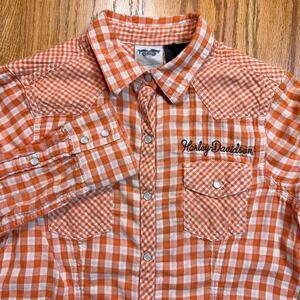 Harley Davidson Shirt Women's Size Small S Orange White Check Pearl Snap L/S‎